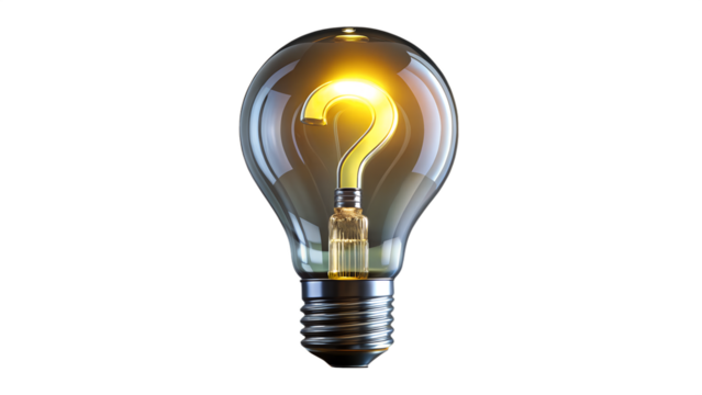 A glowing lightbulb with a question mark isolated on transparent background