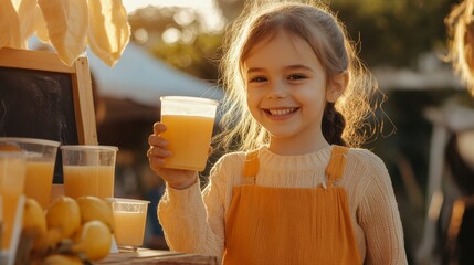 Cheerful kids running a homemade lemonade stand in sunny outdoor setting