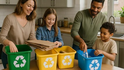 Parents and children are sorting paper, plastic, and organic waste into color-coded recycling bins in their kitchen, promoting environmental responsibility - Powered by Adobe