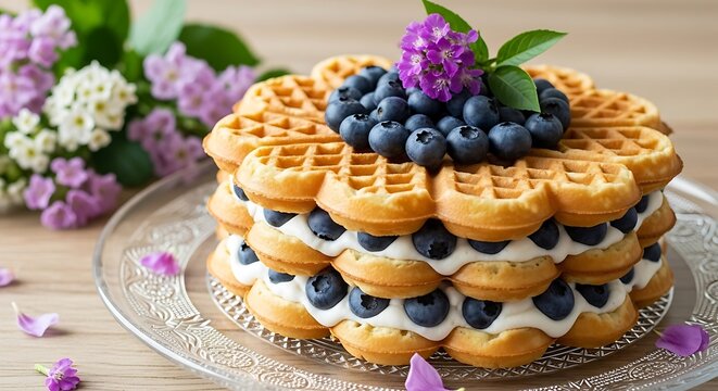 Delicious layered heart-shaped waffles with fresh blueberries, creamy frosting, and delicate purple flowers; appetizing summer dessert stock photo. - Powered by Adobe