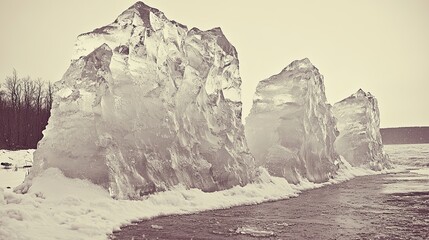 Large ice formations along a frozen shoreline.