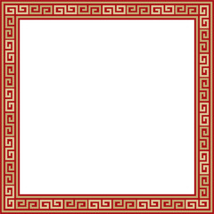 Obraz premium Vector gold with red classic Greek square ornament. Rectangle of Ancient Greece and Roman Empire. Byzantine painting of walls, floors and ceilings. Decoration of European palaces. 