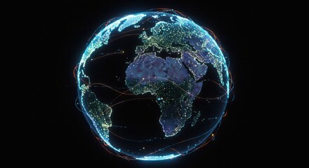 Holographic globe with interconnected nodes and light trails