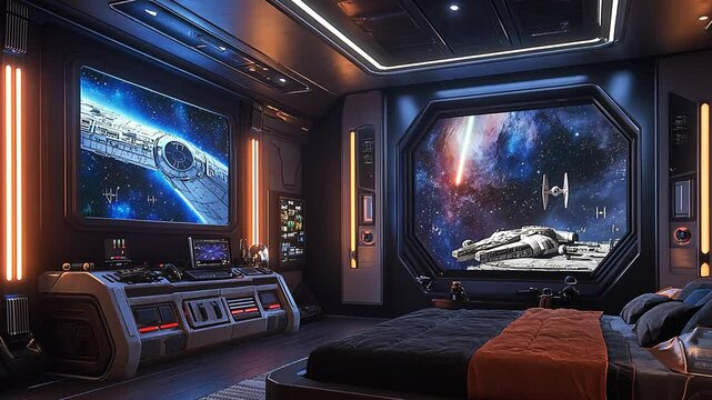 Futuristic bedroom with space ship wallpaper.