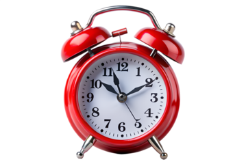 A bright red alarm clock isolated on transparent background shows the time