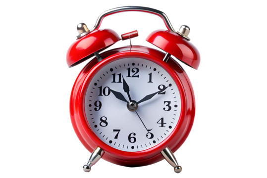 A bright red alarm clock isolated on transparent background shows the time - Powered by Adobe