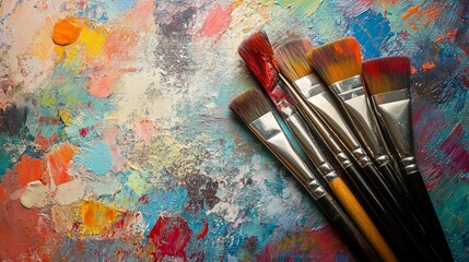 Obraz premium Vibrant paintbrushes resting on a textured abstract painting palette