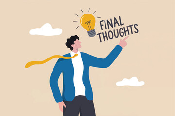 Man in blue jacket with yellow tie pointing at a glowing light bulb with text final thoughts isolated on transparent background
