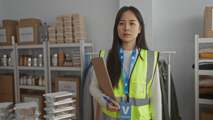 Woman volunteer in reflective vest holding clipboard in charity center surrounded by donations and...