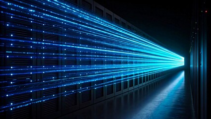 High speed data transfer in futuristic server room with glowing blue light trails and digital network system
