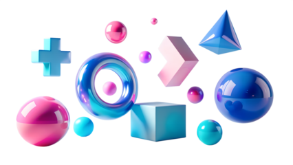 Abstract geometric shapes in pink and blue floating isolated on transparent background