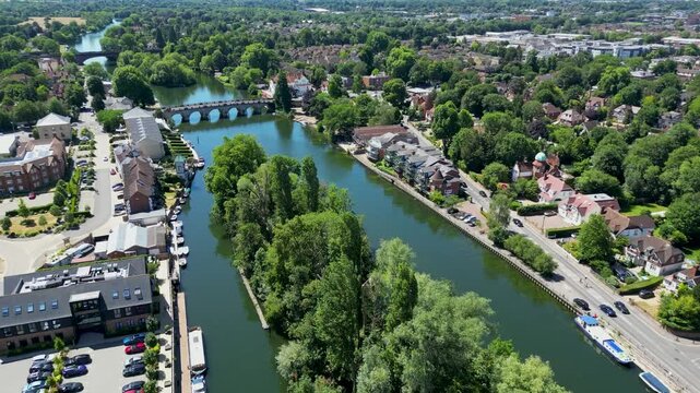 Aerial View of Maidenhead, River Thames and Historic Railway Bridge on a Sunny Day, England
