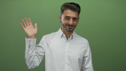 Man in white shirt waves bare hand and smiles in bright green studio; friendly welcome open...