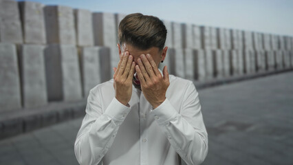 Young hispanic man in white shirt covers eyes with hands in street alongside concrete wall panels;...