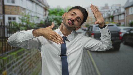 Man in white shirt and navy tie framing shot with hands on busy sunlit city street showing friendly...