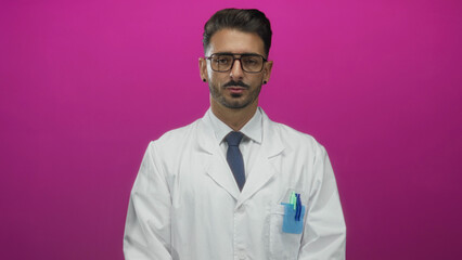 Hispanic scientist in white lab coat adjusts glasses with hand against magenta backdrop in studio;...