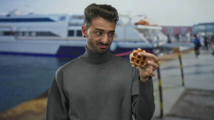 Young hispanic man scrunches nose at waffle while holding it upright at a boat dock on street;...
