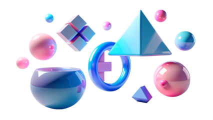 Abstract geometric shapes in pink and blue floating isolated on transparent background