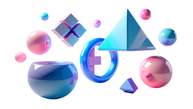 Abstract geometric shapes in pink and blue floating isolated on transparent background