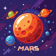 Colorful cartoon planets and stars in deep space mars