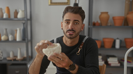 Man shapes a fresh clay pot with hands and pinches edges with fingers in a bright studio setting;...