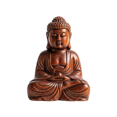 Serene wooden buddha figurine in meditation pose isolated on transparent background