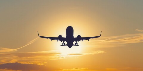 Airplane taking off against a sunset background airport photography twilight aerial perspective