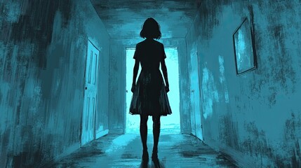 A woman walks down a hallway in a shadowy, distressed house.