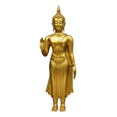 Golden buddha statue standing with right hand raised isolated on transparent background