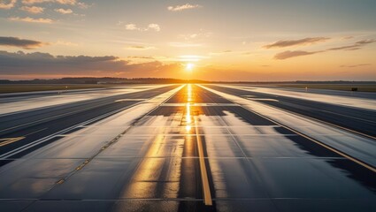 Obraz premium Sunrise action on airport runway scenic landscape nature photography serene environment wide angle viewpoint