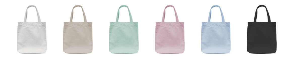 Tote bag mockup set, reusable tote bag blank canvas cotton fabric cloth in colors for eco shopping...