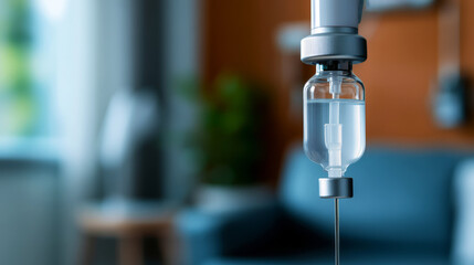Clear Medical Infusion Bottle Hanging in Hospital Room with Soft Natural Light and Cozy Background