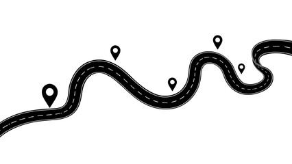 Curvy road with location markers on a transparent background