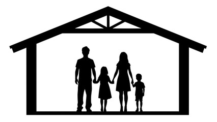 Family silhouette standing together under a house roof outline  