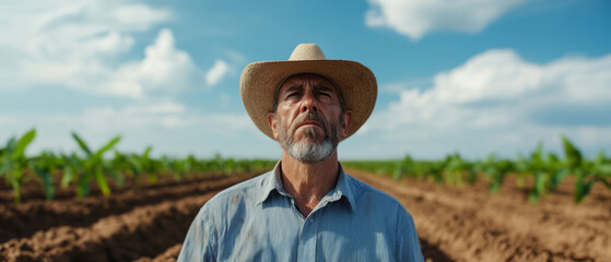 Fototapeta premium Portrait of a Farmer in a Field Against a Bright Blue Sky with Green Crops in Background