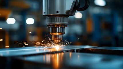 Advanced Laser Cutting Machine Sparks Metal Fabrication in Industrial Workshop