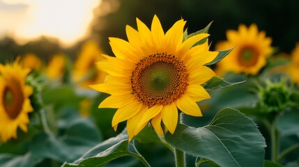 Fototapeta premium Bright Sunflower Bloom in a Vibrant Field During Sunset Hours with Soft Focus Background