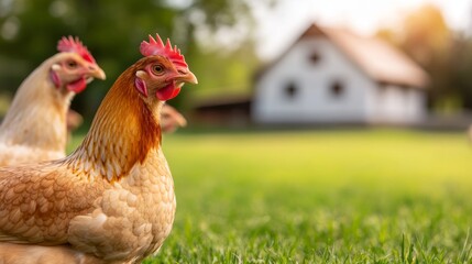 Chickens Roaming Freely in Green Grass with a Rustic Farmhouse in the Background