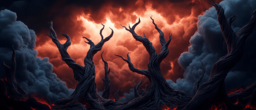 Eerie Landscape with Gnarled Trees Under Fiery Orange Sky and Dark Cloud Formation - Powered by Adobe