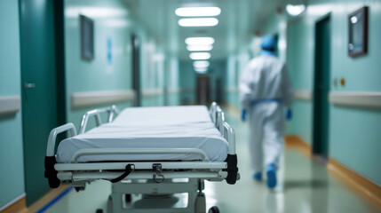 Fototapeta premium Medical personnel walking in hospital corridor near empty gurney bed in healthcare facility