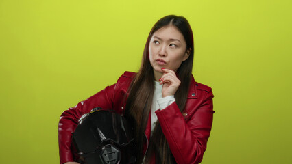 Woman pondering holding helmet in red jacket against vibrant yellow background showing thoughtful...