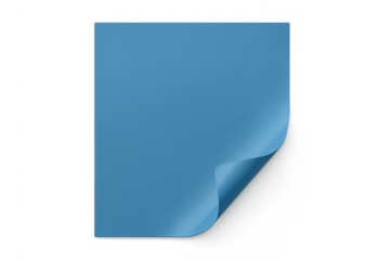 Blank blue square paper sheet with curled corner creating copy space on a transparent background