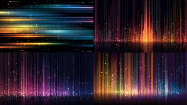 Four panels showing colorful light trails and vertical lines against a dark background, with glowing particles - Powered by Adobe