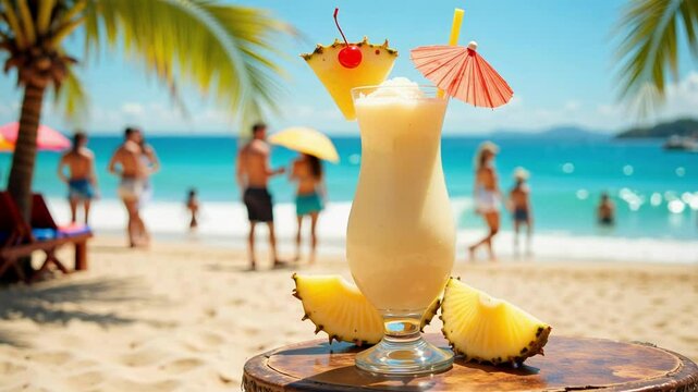 Enjoy a creamy virgin piña colada with pineapple and cherry, a vibrant beachside tiki bar drink under sunny vacation waves in 4k.
