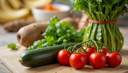 fresh ripe cherry tomatoes and green zucchini alongside fresh herbs on wooden surface for cooking