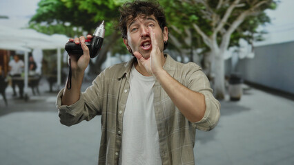 Hispanic man holding screwdriver on street outdoors and gesturing energetically, conveying a sense...