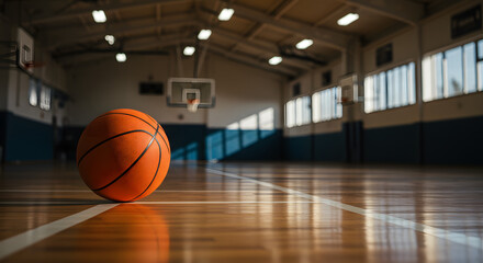 Basketball Resting on Court in Dimly Lit Sports Hall