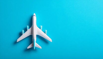 White airplane model on blue background, travel concept