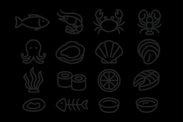 Seafood icons collection: fish, shrimp, crab, oyster, sushi, seaweed