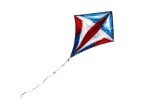 Colorful diamond shaped kite with red white and blue stripes isolated on transparent background